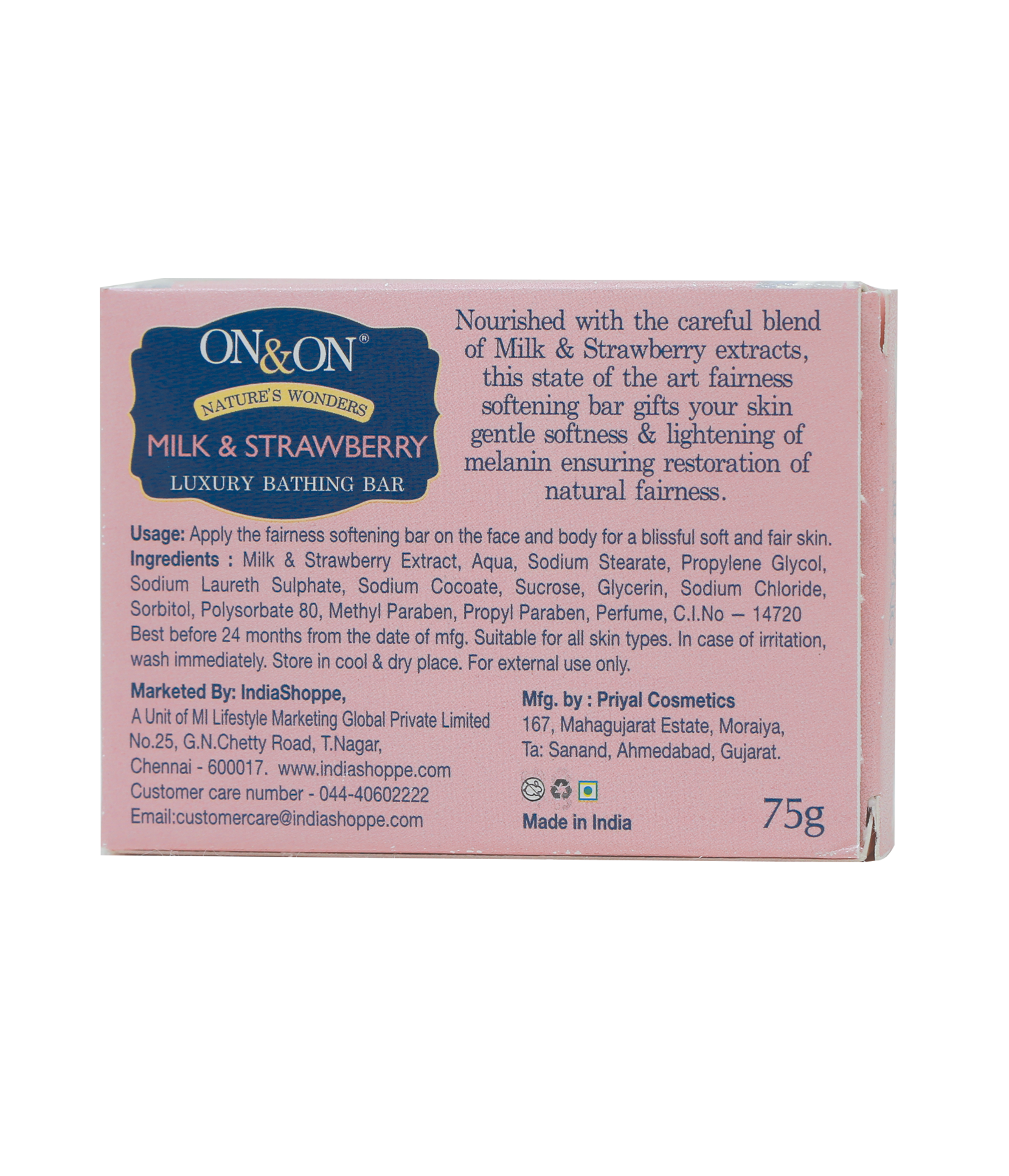 On & On Milk & Strawberry Luxury Bathing Bar 75 Gms - Image 2